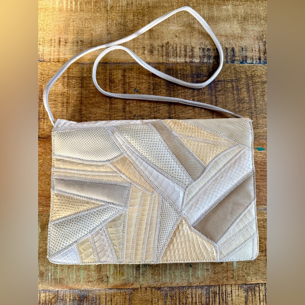 🐍 Vintage Varon Snakeskin Leather Beige‎ and yellow Patchwork Women's Bag